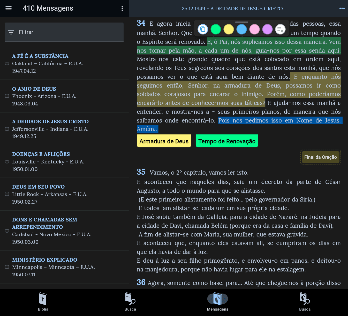 Tela da busca na Bíblia ACF e nas Mensagens do Profeta William M. Branham